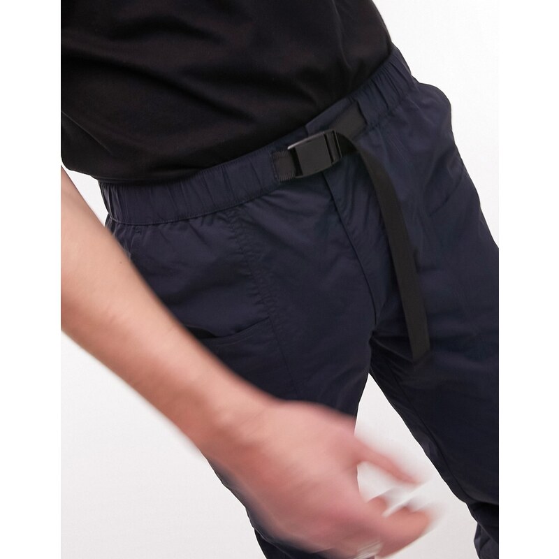 Topman - Pantaloni cargo ampi blu navy con cuciture a vista e cintura