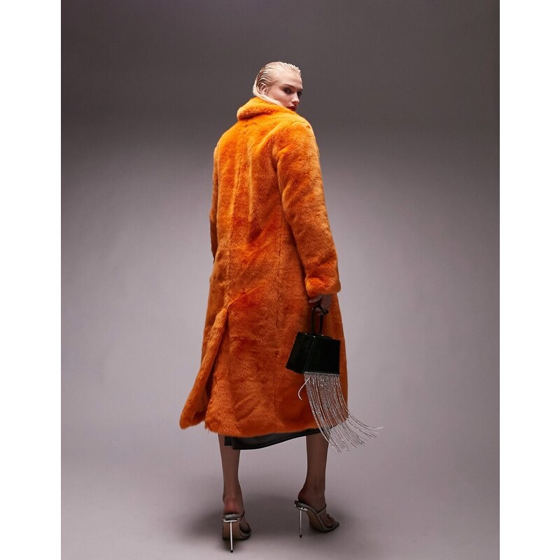 Topshop - Cappotto oversize taglio lungo in pelliccia sintetica arancione acceso