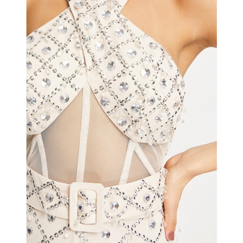ASOS LUXE - Tuta jumpsuit allacciata al collo stile corsetto a fondo ampio color naturale con decorazioni-Neutro