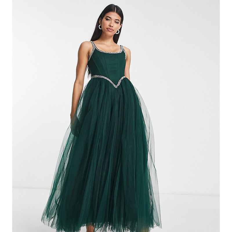 Esclusiva Lace & Beads - Vestito lungo a corsetto verde smeraldo con decorazioni