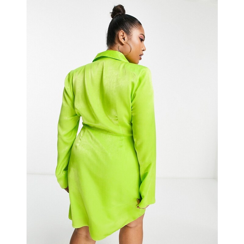 ASOS Curve ASOS DESIGN Curve - Vestito corto stile blazer a portafoglio in raso verde lime