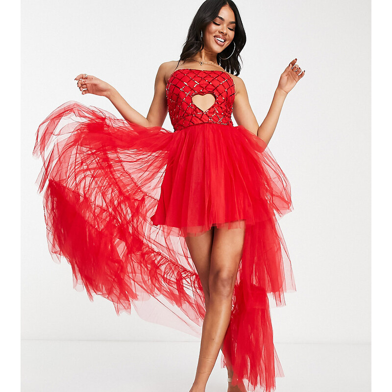 Esclusiva Lace & Beads - Vestito lungo asimmetrico rosso decorato con cut-out a cuore