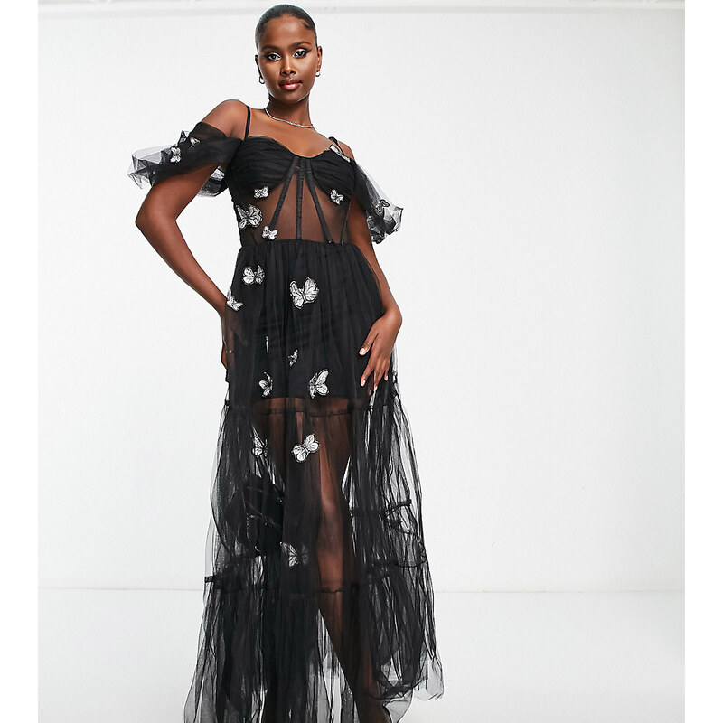 Esclusiva Lace & Beads - Vestito a corsetto nero trasparente con ricamo 3D