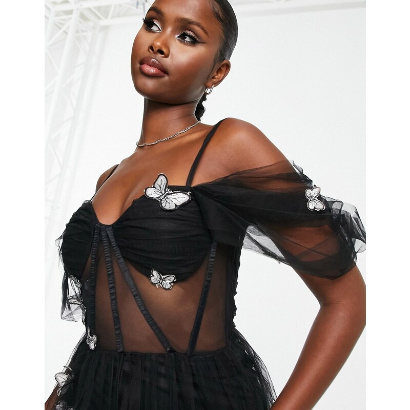 Esclusiva Lace & Beads - Vestito a corsetto nero trasparente con ricamo 3D