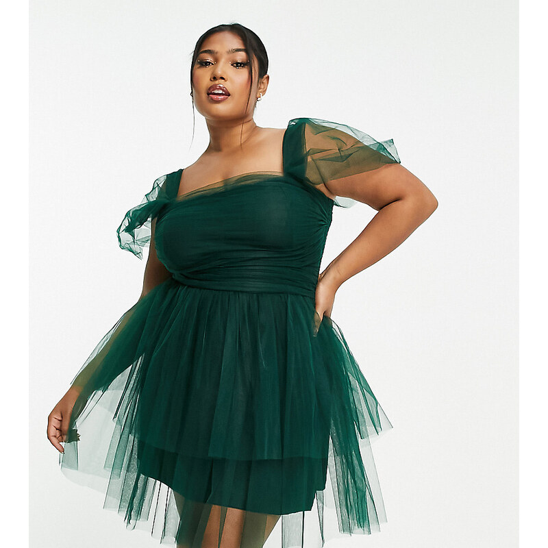 Lace & Beads Plus - Vestito corto con spalle scoperte a balze strutturato verde smeraldo