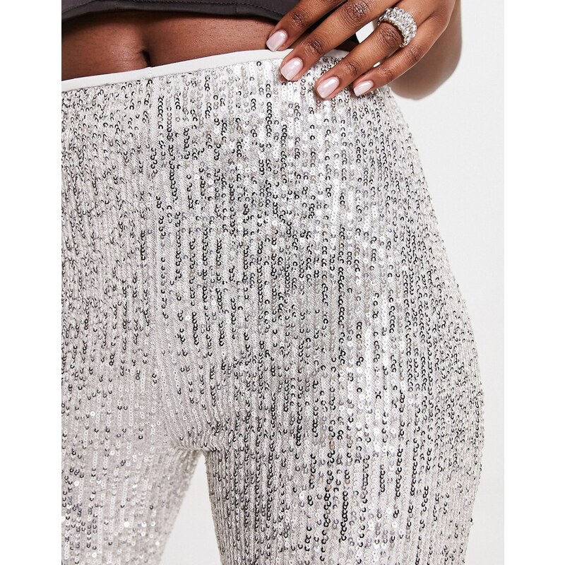 ASOS DESIGN - Pantaloni a fondo super ampio argento con paillettes