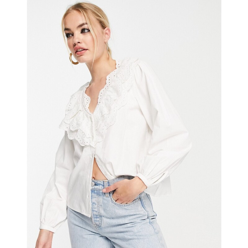 Selected Femme - Camicia bianca con colletto in cotone-Bianco
