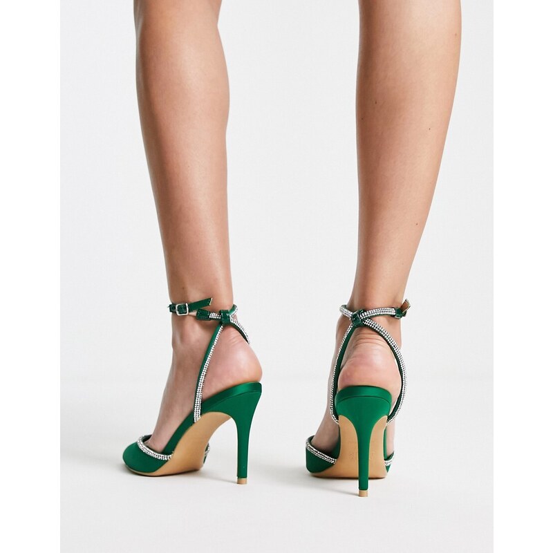 New Look - Scarpe con tacco medio in raso verde acceso con strass e cinturino alla caviglia