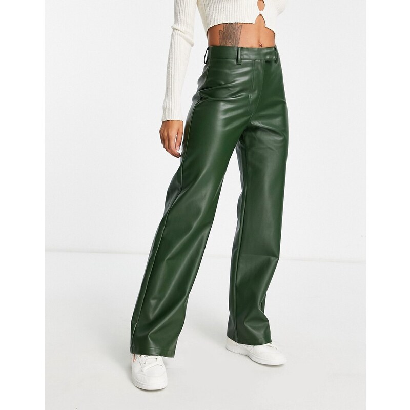 Cotton On - Arlow - Pantaloni dritti verdi in pelle sintetica-Verde