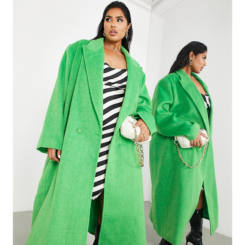 ASOS Edition Curve - Cappotto taglio lungo in misto lana, colore verde acceso