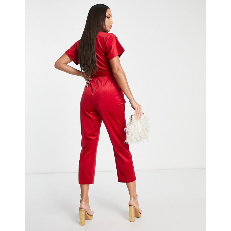 Closet London Tall - Tuta jumpsuit a portafoglio in velluto rosso