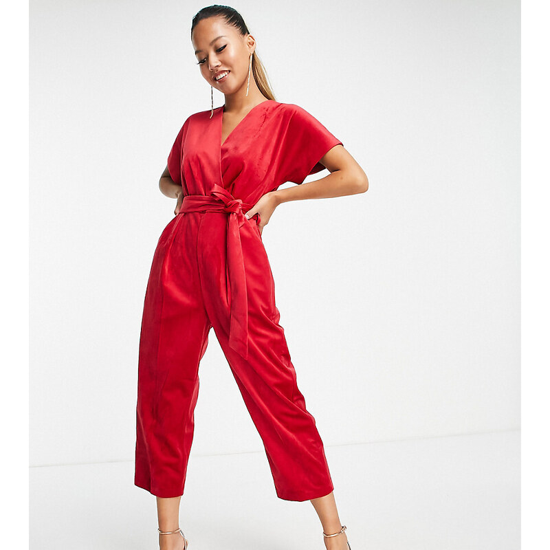 Closet London Petite - Tuta jumpsuit a portafoglio in velluto rosso