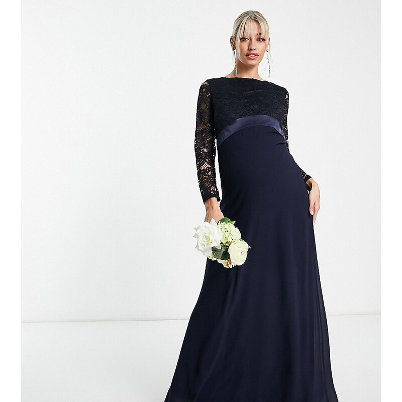 TFNC Maternity - Vestito lungo da damigella in chiffon blu navy con pizzo smerlato sul retro e maniche lunghe
