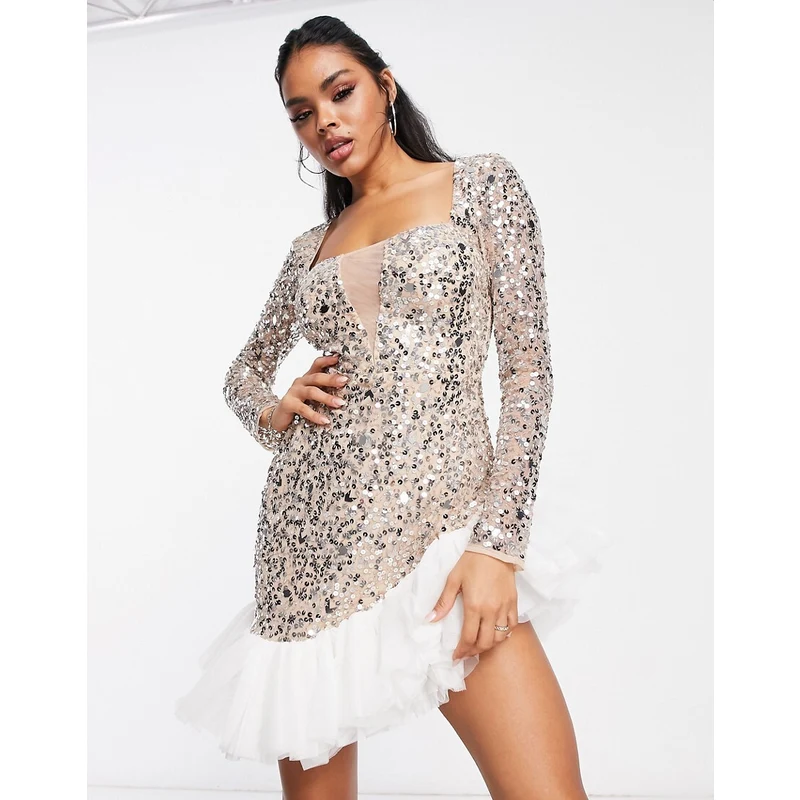 ASOS LUXE Abito skater corto cipria con orlo in tulle e