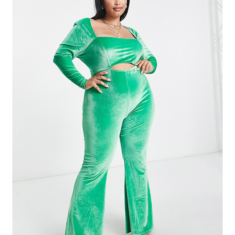 The Frolic Plus - Tuta jumpsuit in velluto verde smeraldo con cut-out e bustino
