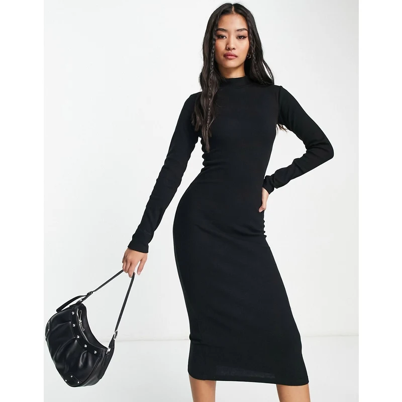 Pull&Bear Vestito midi in jersey a maniche lunghe nero con collo