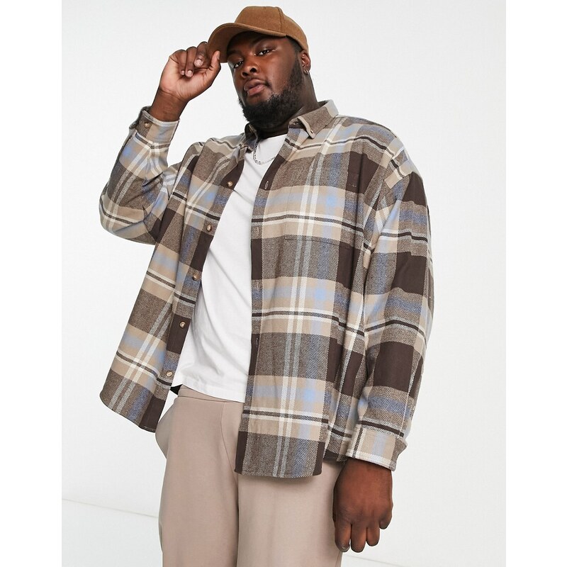 ASOS DESIGN - Camicia giacca super oversize in flanella spazzolata a quadri marrone