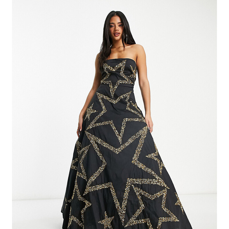 Esclusiva Lace & Beads - Vestito lungo nero decorato con stelle