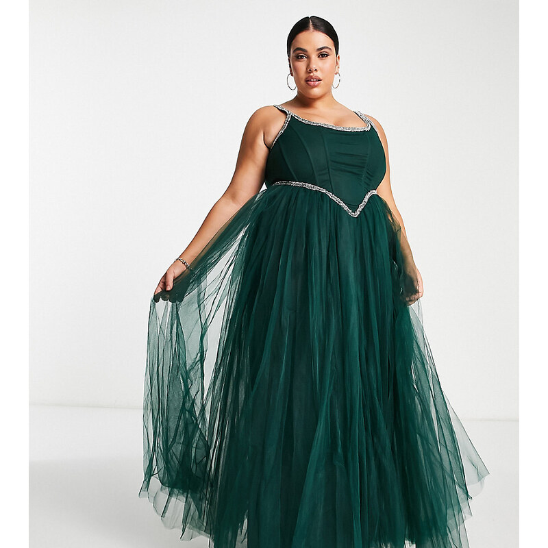 Esclusiva Lace & Beads Plus - Vestito lungo con corsetto decorato verde smeraldo