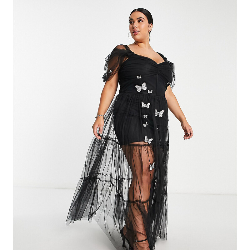 Esclusiva Lace & Beads Plus - Vestito a corsetto nero trasparente con ricamo 3D