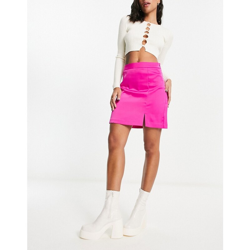 New Look - Minigonna in raso rosa vivace con spacco laterale