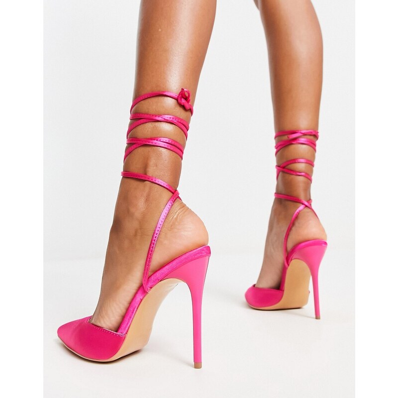 Truffle Collection - Scarpe a punta con tacco a spillo e allacciatura alla caviglia in raso rosa-Blu