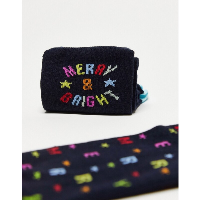 Threadbare - Confezione da 2 paia di calzini neri con scritta “Merry and Bright”-Nero