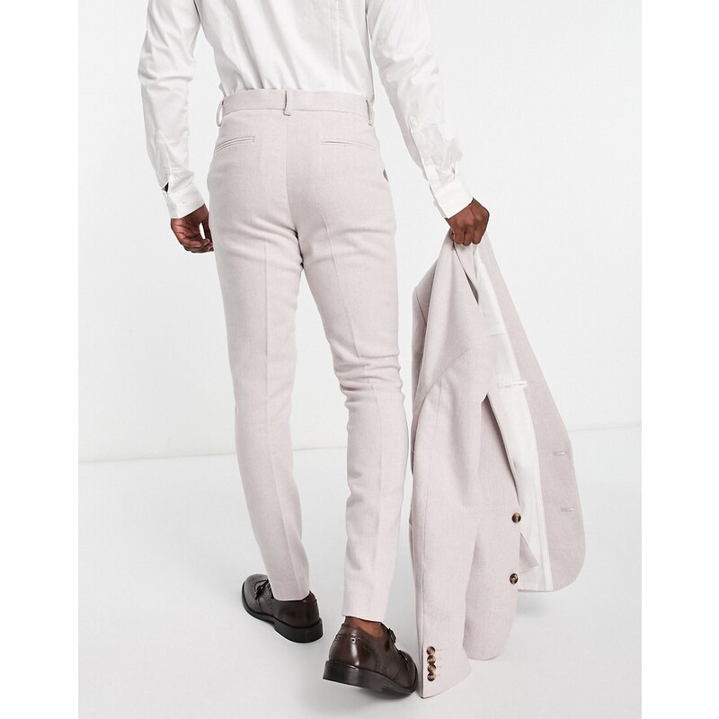 ASOS DESIGN - Pantaloni da abito skinny in misto lana a spina di pesce rosa pallido