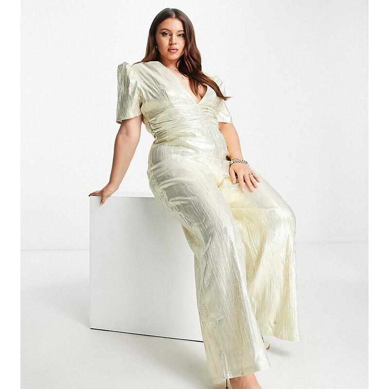 Esclusiva Collective The Label Curve - Tuta jumpsuit con fondo ampio color champagne con volant-Oro