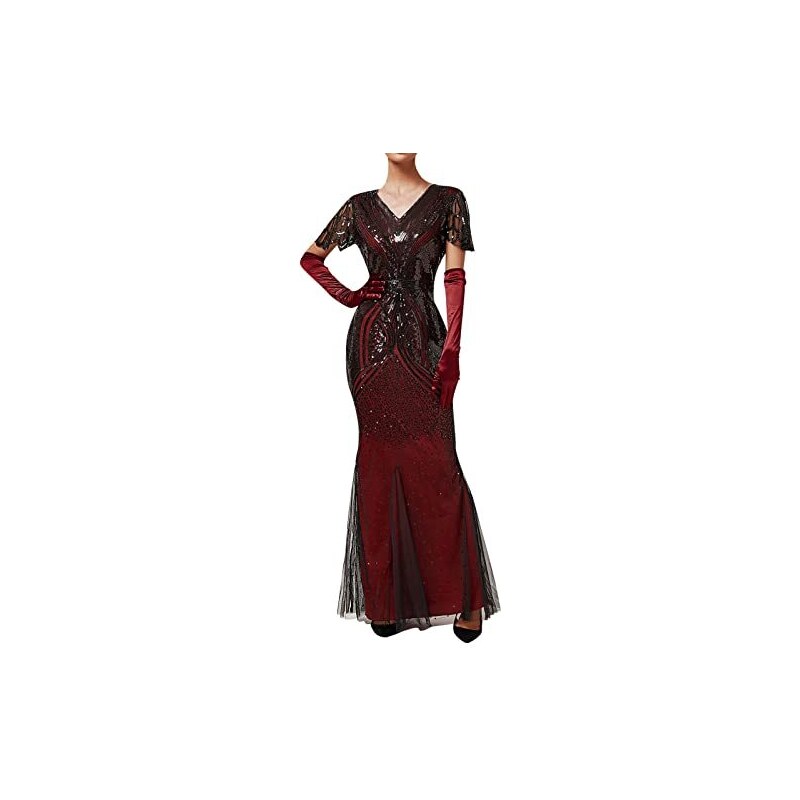 OWEIEYEU Abito da donna vintage anni '20 Gatsby per feste, bar, scollo rotondo, maniche a campana, nappa e paillettes, Esercito En8, S
