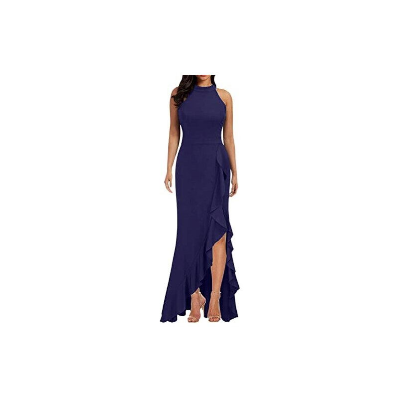 Famulily Abito estivo da donna, tinta unita, scollo a V, con volant, maniche ad aletta, taglie S-XXL, Blu, S
