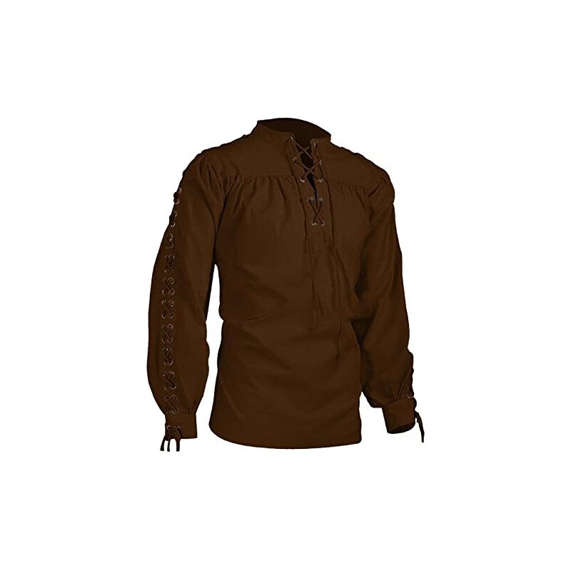 Camicia Uomo Medievale In Lino E Cotone - Stile Vichingo Retrò Con Lacci - Taglie M A 3XL - Foto 5