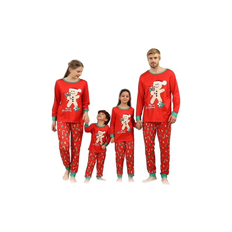 Kouric Pigiami Natalizi Famiglia Set Invernale, Pigiama Natale Donna/Uomo Comodo Girocollo Manica Lungo con Stampa Omino Pan di Zenzero Che Gioca a Calcio per papà Mamma Bambino e Coppia(M)