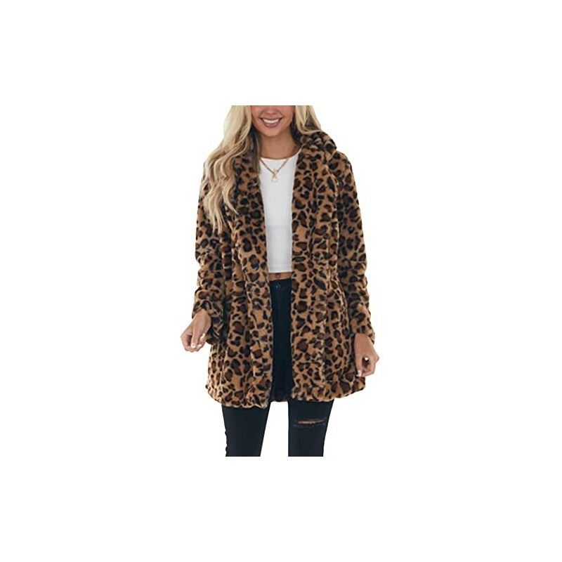 SOMTHRON Cappotto da donna con stampa leopardata in pelliccia sintetica  invernale, caldo, oversize, con tasche, motivo leopardato, XXL 