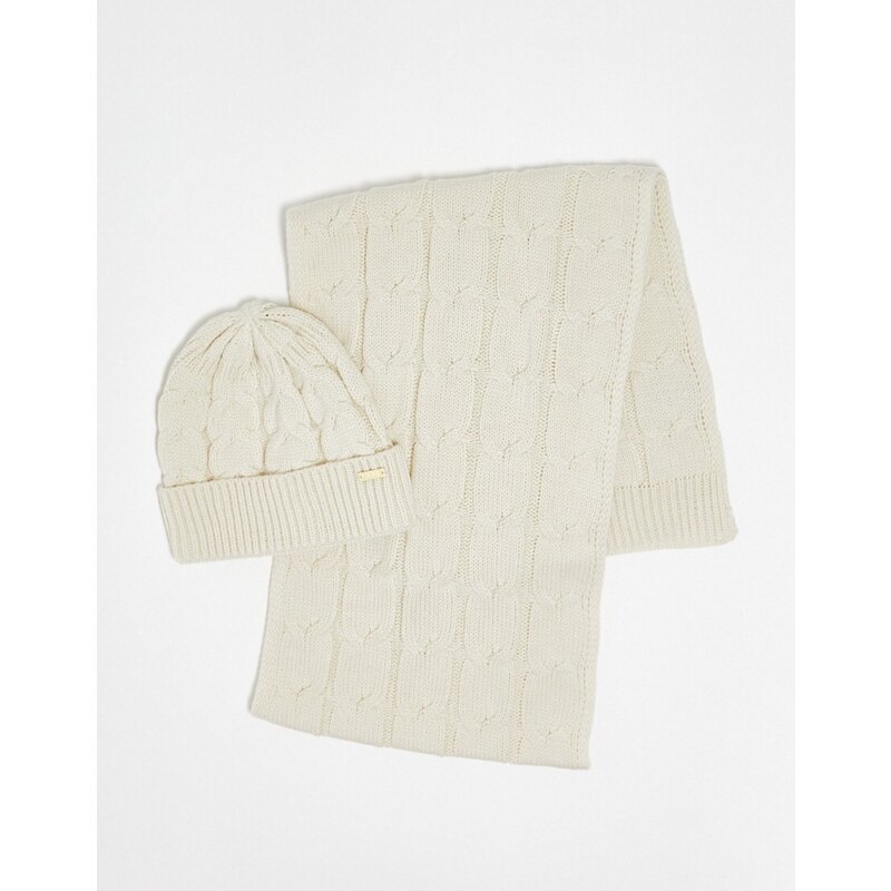 Elle - Set regalo con sciarpa e berretto color crema lavorati a maglia-Bianco
