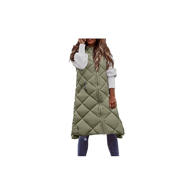 TDEOK Dirndl - Gilet invernale da donna, trapuntato, caldo, per esterni,  con cappuccio, senza maniche, cappotto lungo, da donna, in resina, anelli,  verde militare, XL 