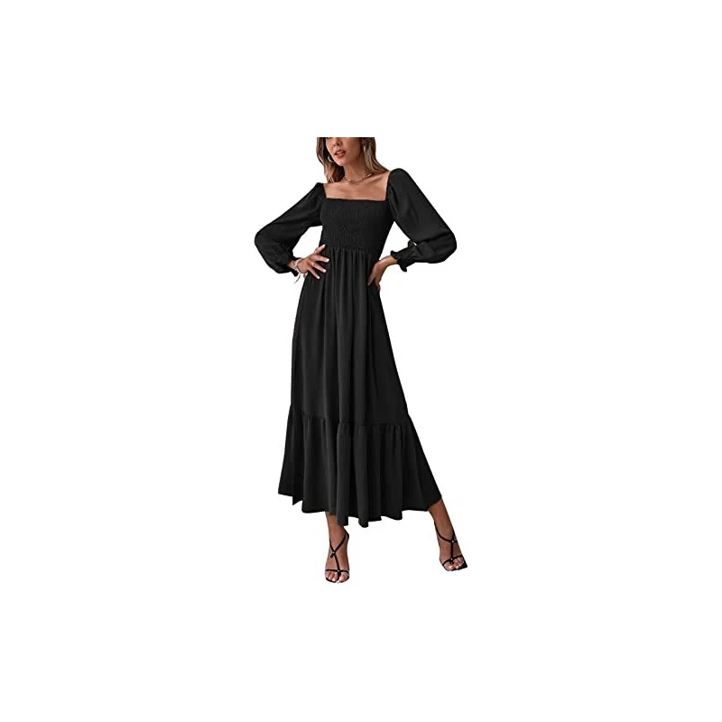 DESIGN - Vestito lungo a maniche lunghe nero con scollo quadrato e nodi sul retro