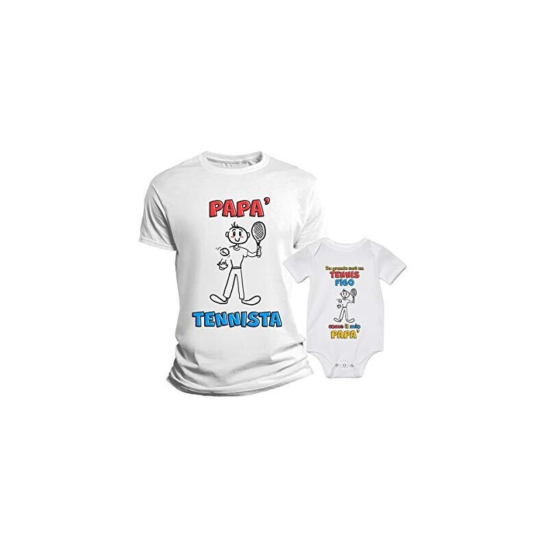 Overthetee Coppia Tshirt Papà e Body Figlio - Papà Tennis - Festa del Papà  - Da grande sarò un Tennis Figo Come il mio Papà - Body Neonato - Idea  Regalo Papà 