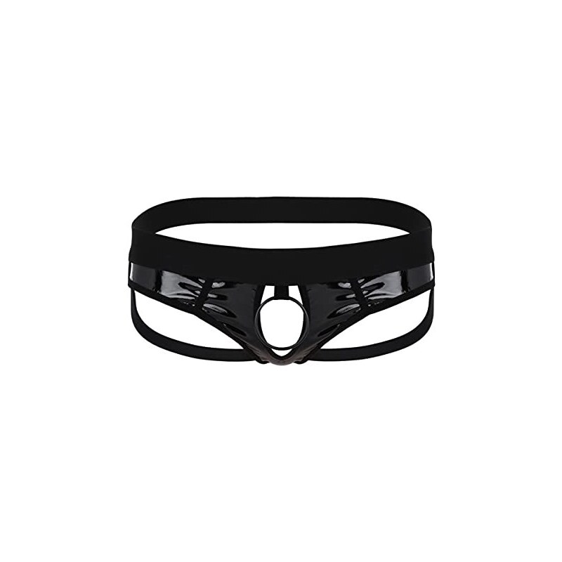 Tangas Per Uomo In Pelle Sintetica - Lingerie Asimmetrica Con Schiena Aperta E Anelli Metallici, Nero