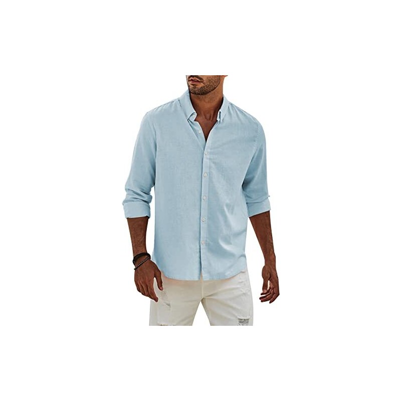 APOONABA Camicia Lino Uomo Manica Lunga Business Cotone Shirts con Bottoni  Casual Tinta Unita Classica Elegante Camicia Regular Fit Molla Autunno Cielo  Blu S 