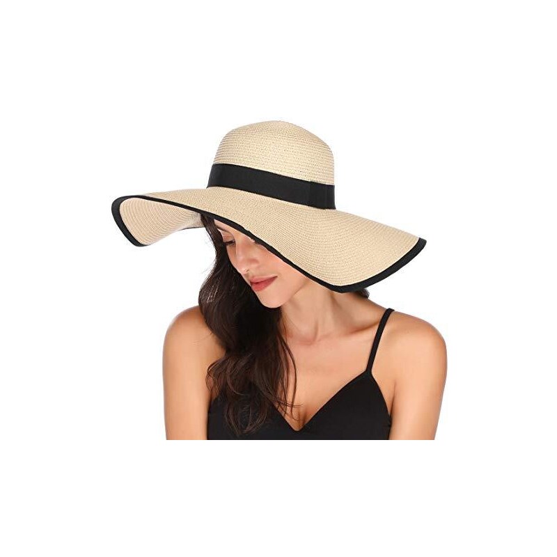 Lanzom - Cappello da donna in paglia con tesa larga da 14 cm ...