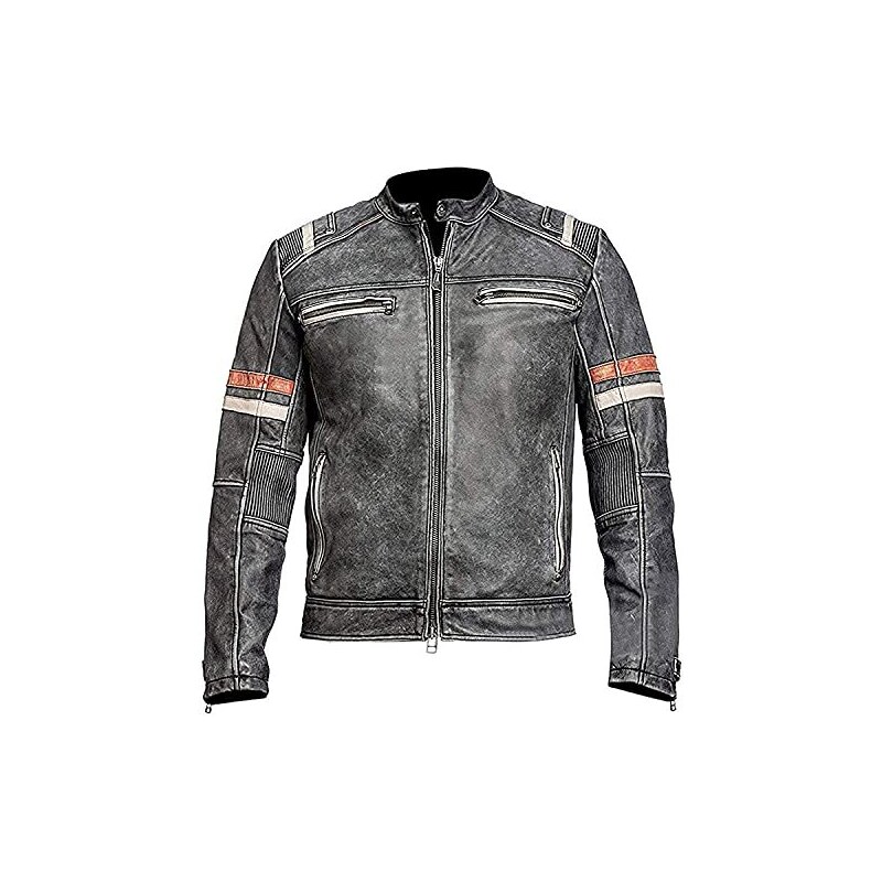 Giubbotto Uomo In Pelle Giacca Motociclista Uomo In Vera Pelle - Stile Cafe Racer, Nappa Di Pecora, 4 Tasche Con Zip Giacca Pelle Nappa - Foto 4
