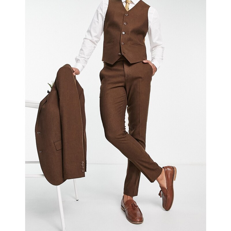 ASOS DESIGN Wedding - Pantaloni skinny in misto lana marroni con intreccio a cesto-Marrone