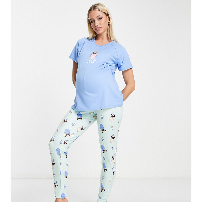 Loungeable Maternity - Completo pigiama lungo color menta e blu con scritta "snug pug"