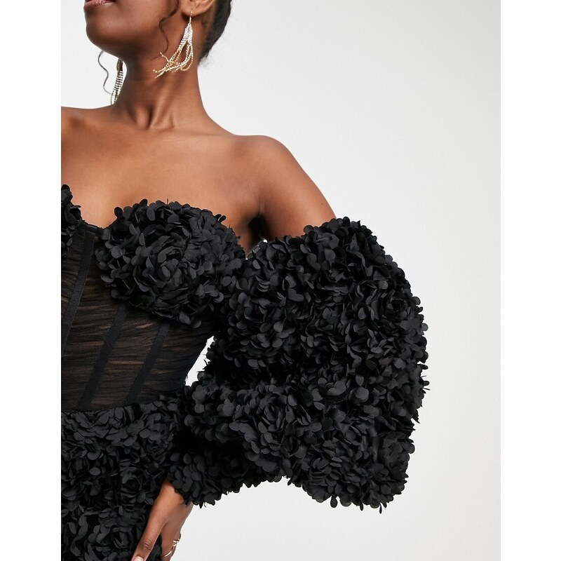 ASOS LUXE - Vestito corto a fascia a corsetto nero con fiori in 3D