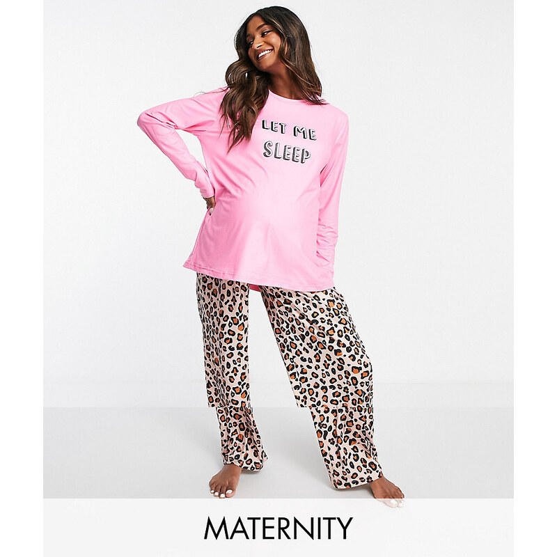 Loungeable Maternity - Pigiama rosa e leopardato con scritta "Let me sleep"