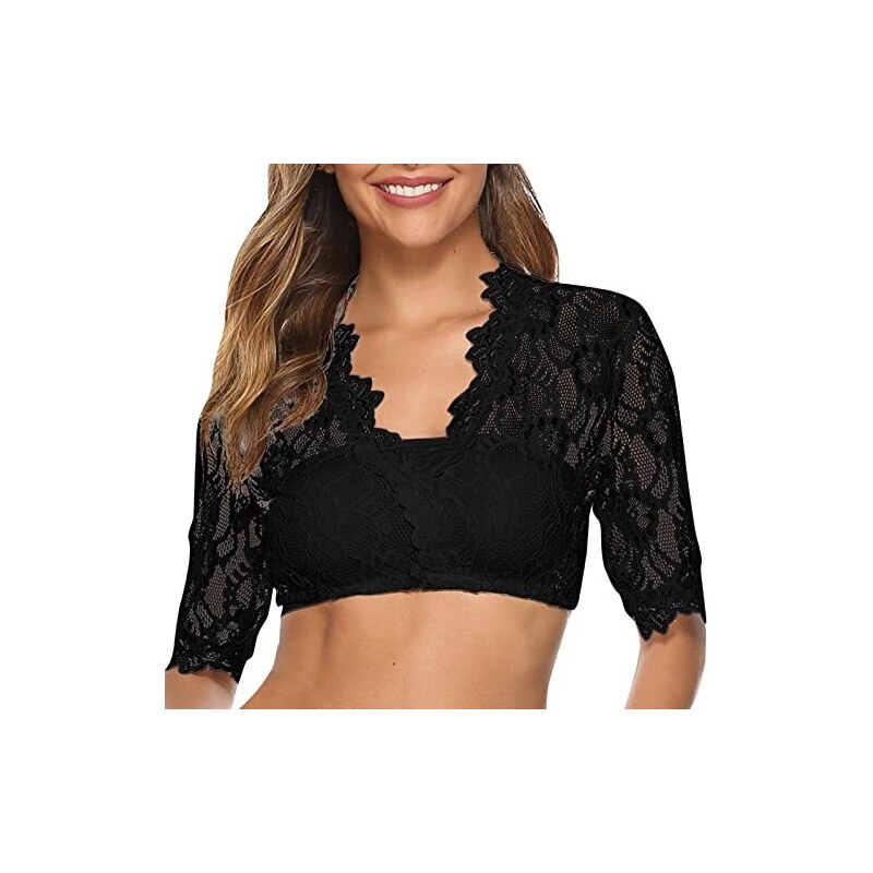 Dirndl Bluse Damen Mit V-Ausschnitt - Oktoberfest Trachtenbluse Schwarz Langarm Mit Spitze