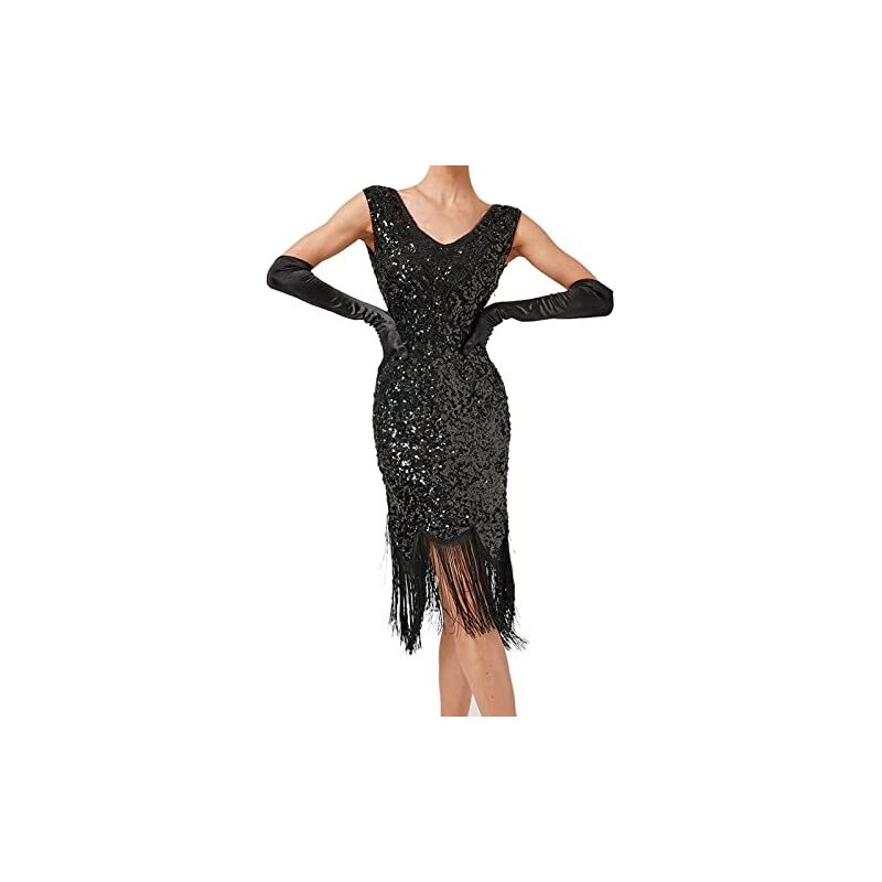 Nero Senza Maniche Sparkly Fringes Flapper Dress Con Accessori Set