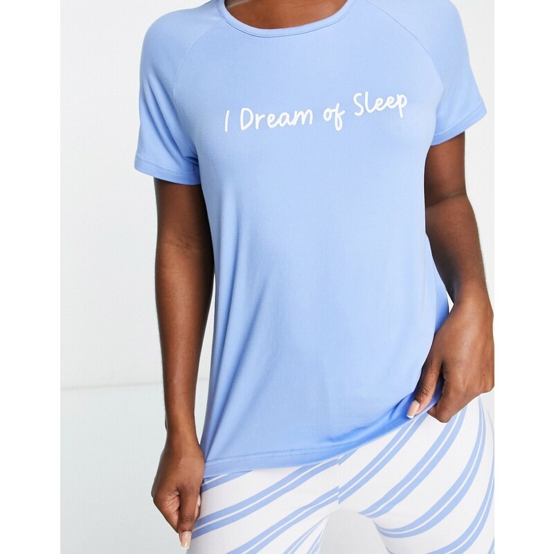 Loungeable - Pigiama lungo blu e bianco a righe con scritta "Dream of sleep"