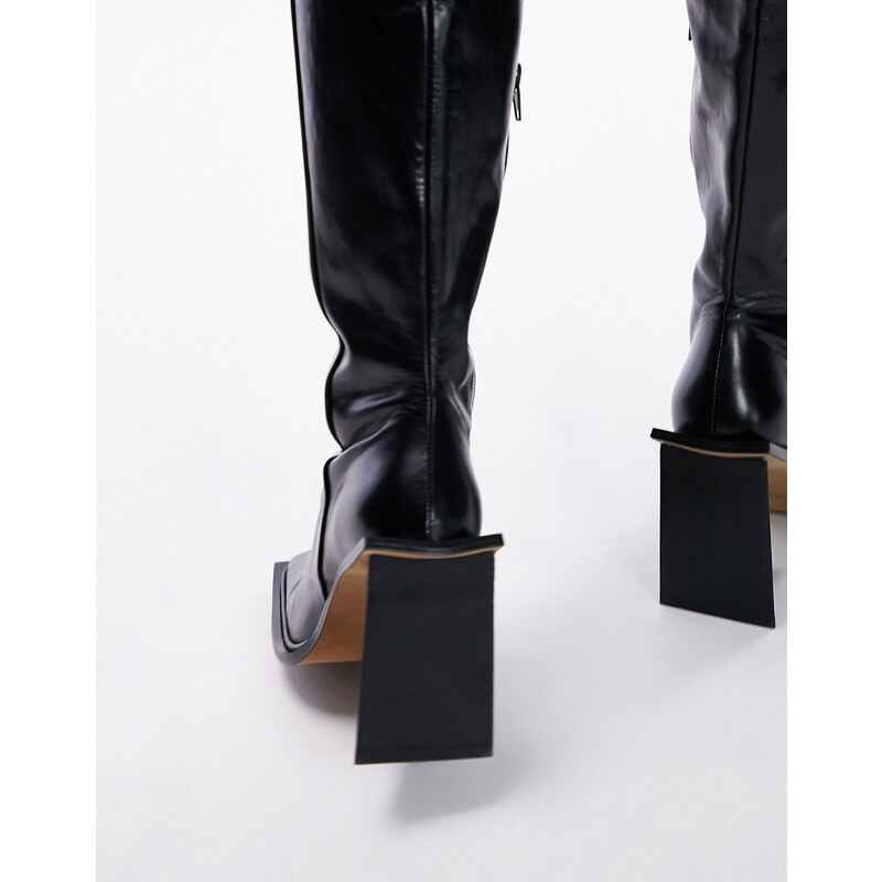 Topshop - Freya - Stivali cuissard premium in pelle nera con punta squadrata - In edizione limitata-Nero